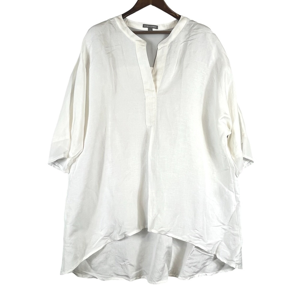 NWOT Jessica London Womens 22W Hi Low Tunic Sheer Panel Linen Blend White Plus